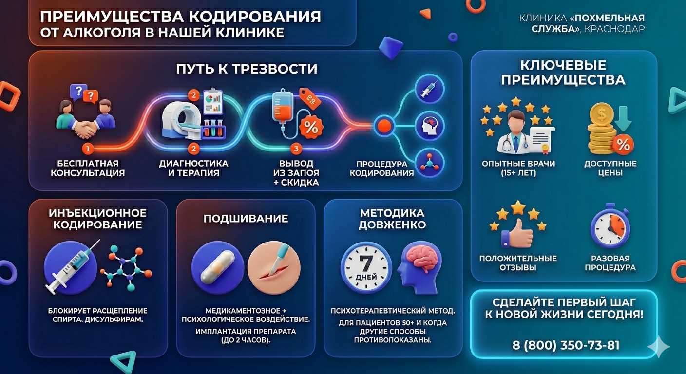 Инфографика о методах кодирования от алкоголя в Тогучине: инъекции, подшивание, метод Довженко. Преимущества клиники и этапы лечения.